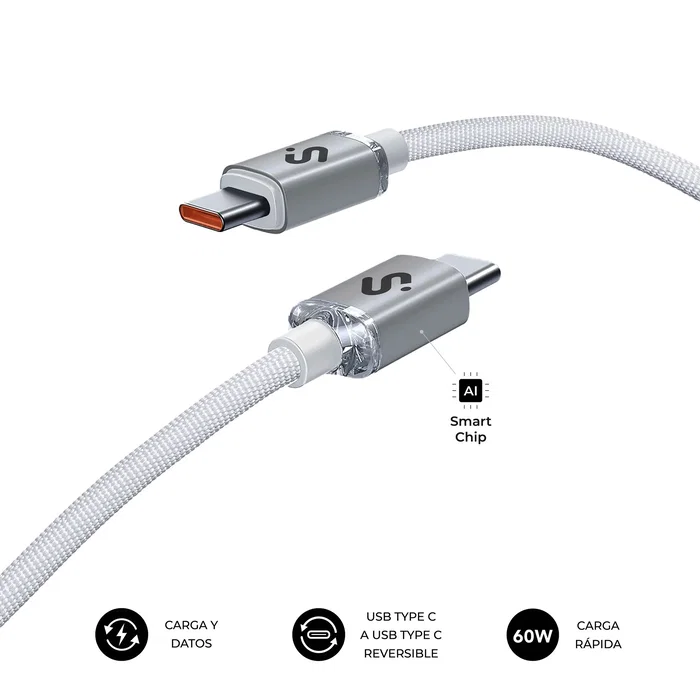 Subblim SUBCAB-C06010 Cable USB-C a USB-C 1m Blanco, Nylon Trenzado, 60W Carga Rápida PD, 480Mbps Datos para iPhone, MacBook, Galaxy, iPad, Pixel