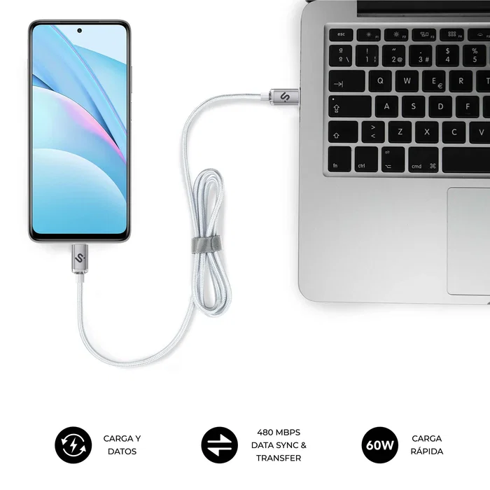 Subblim SUBCAB-C06010 Cable USB-C a USB-C 1m Blanco, Nylon Trenzado, 60W Carga Rápida PD, 480Mbps Datos para iPhone, MacBook, Galaxy, iPad, Pixel