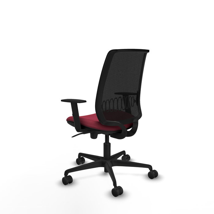 Silla de oficina Alares con mecanismo Sincro tapizada con Tela color Granate y malla color Negro. Equipada con lumbar 1D, Brazos 1D y Ruedas 65mm nailon