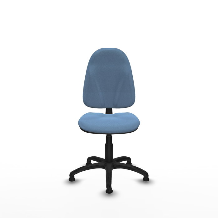Silla de oficina Algarra con mecanismo Contacto permanente básico tapizada con Tela color Azul cielo. Equipada con Base poliamida negra, Sin brazosy Topes