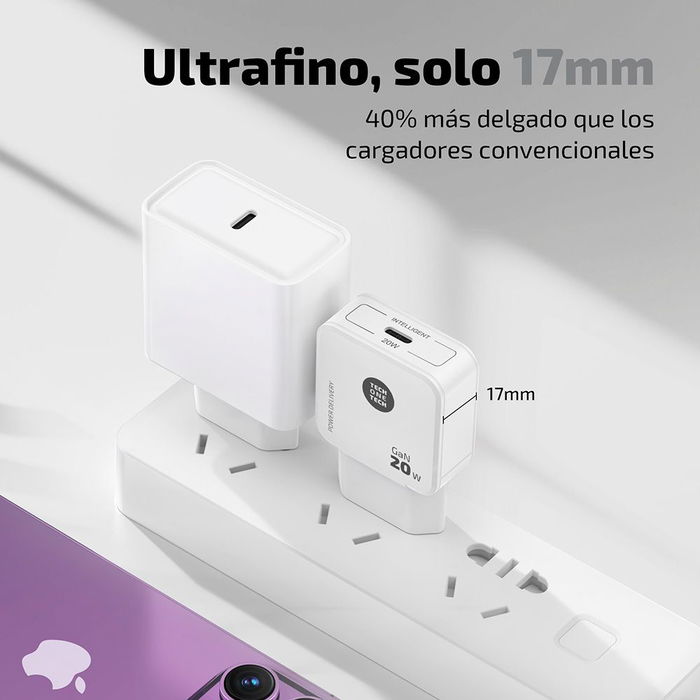 GAN Cargador Rápido USB-C 20W con Power Delivery 3.0, Smart Recognition, Blanco - Tech One Tech