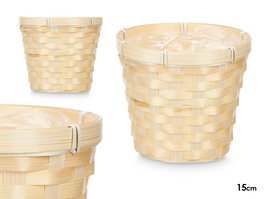 Ibergarden Cubre Macetas Redondo Bambú Trenzado Plástico PVC Natural 15x15x13 cm (Set de 24)