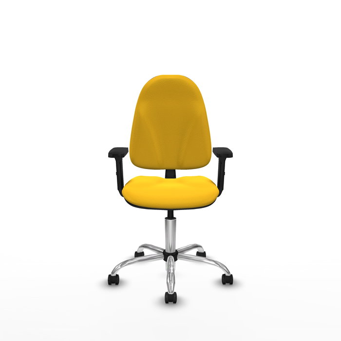 Silla de oficina Algarra con mecanismo Contacto permanente básico tapizada con Similpiel color Amarillo. Equipada con Base cromada, Brazos 2D y Ruedas de parqué