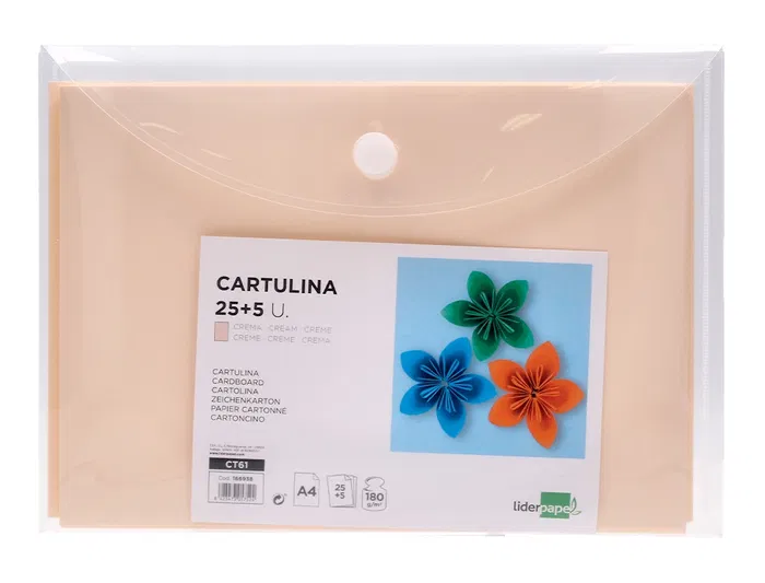 Liderpapel Cartulina A4 180g/m2 Crema Paquete 25+5 Hojas en Carpeta con Cierre Velcro