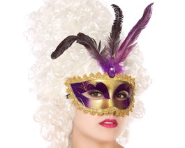 Máscara Antifaz Veneciana Morado y Dorado con Plumas para Mujer Adulto