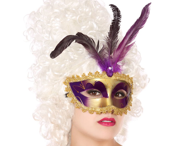Máscara Antifaz Veneciana Morado y Dorado con Plumas para Mujer Adulto Máscara Antifaz Veneciana Morado y Dorado con Plumas para Mujer Adulto