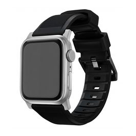 Nomad Rugged Strap, Correa de Cuero Resistente, Color Negro, Con Conectores Plateados, para Apple Watch 42mm 44mm 45mm 49mm