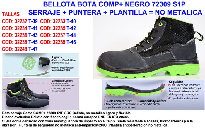 Bellota Bota de Seguridad 72309 Talla 43 S1P sin Metal Bellota Bota de Seguridad 72309 Talla 43 S1P sin Metal