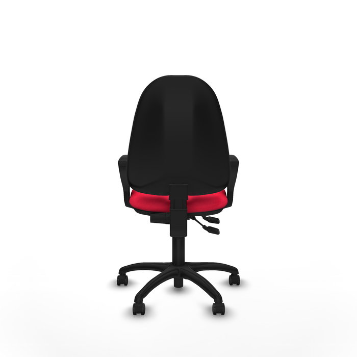 Silla de oficina Algarra con mecanismo Contacto permanente de doble maneta tapizada con Tela color Rojo. Equipada con Base poliamida negra, Brazos fijos y Ruedas autofrenantes