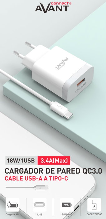 Avant Connect Cargador USB 18W QC3.0 3.4A con Cable USB-C - Carga Rapida