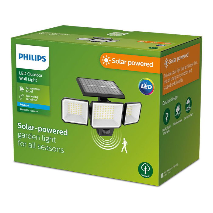 Philips Aplique Solar Nysil con Sensor de Movimiento, 8.7W, Luz Fría 5000K 1000lm, IP65, Color Negro