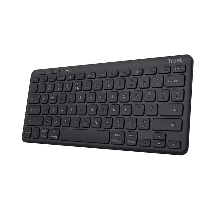 Trust Teclado Lyra Inalámbrico Compacto Triple Conexión USB + Bluetooth 5.0 + RF, QWERTY Español, Perfil Bajo, Teclas de Tijera, Multidispositivo, Negro