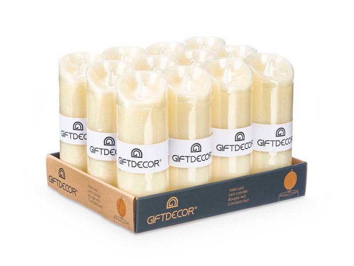 Giftdecor Vela Led Crema Alta 7,5x20x7,5 cm Plastico Cera Amarillo 2xAA (Set de 12)