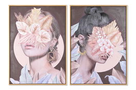 DKD Home Decor 3.5 x 70 x 50 cm Cuadro Moderno Multicolor (2 Unidades) Lienzo, PS Chica Flores Hecho a Mano