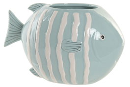 DKD Home Decor Jarrón de Gres con Pez, Azul Celeste y Blanco