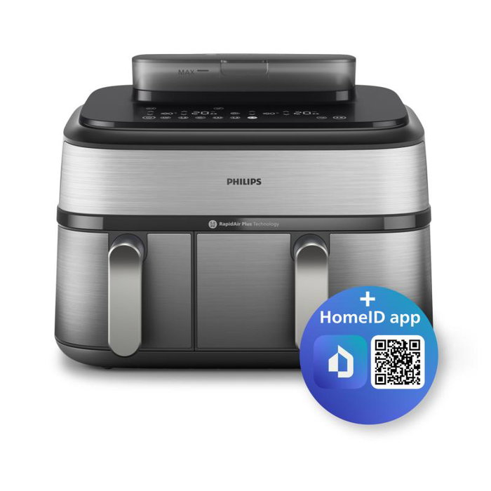 Philips NA555/00 Airfryer - Freidora de aire 9L, 2750W, doble cesta, color plata