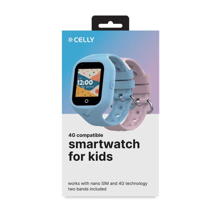 Celly KIDSWATCH4G Smartwatch Reloj Inteligente para Niños con 4G, GPS, Llamadas, Cámara, Pantalla Táctil 1.4", Correas Azul y Rosa - Negro