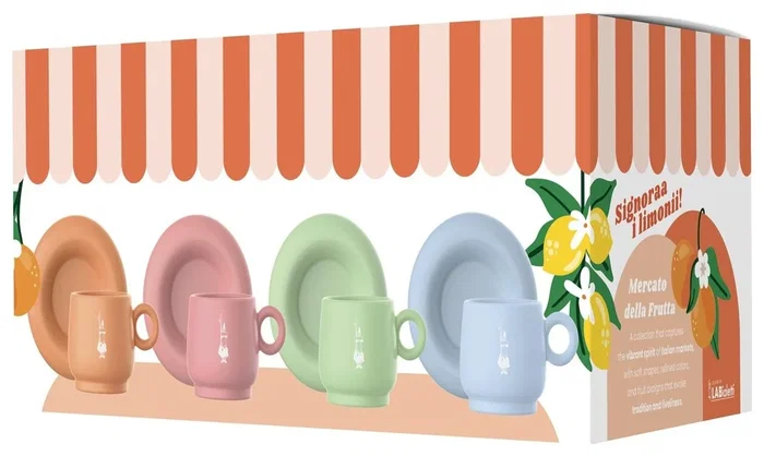 Bialetti Set de 4 Tazas de Espresso con Platos Mercato Della Frutta Bialetti Set de 4 Tazas de Espresso con Platos Mercato Della Frutta