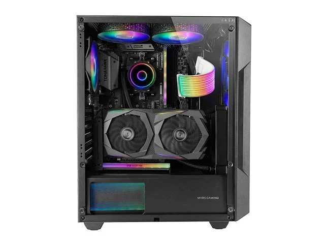 Mars Gaming MC-GEO Caja de Ordenador ATX Midi Torre Negro - Panel Frontal Mesh Geométrico, 4 Ventiladores FRGB 120mm, Cristal Templado, Soporte AIO 360mm, USB 3.0, Gestión de Cables