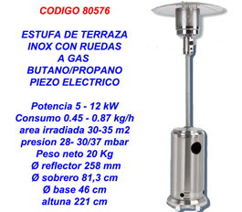 Estufa de gas butano/propano exterior terraza patio inox con ruedas 197