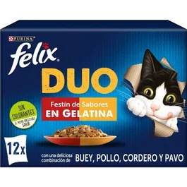 Purina Felix Fantastic Duo Comida Húmeda para Gato con Tiernos Trocitos en Gelatina, Sabor Festín de Sabores, 12 Sobres de 85g
