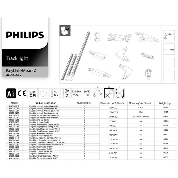 Philips Easylink Riel de Extensión Alimentado 1 m, Negro, Máx. 1800W LED, Sistema Carril H 3 Cables, Compatible con Componentes Easylink