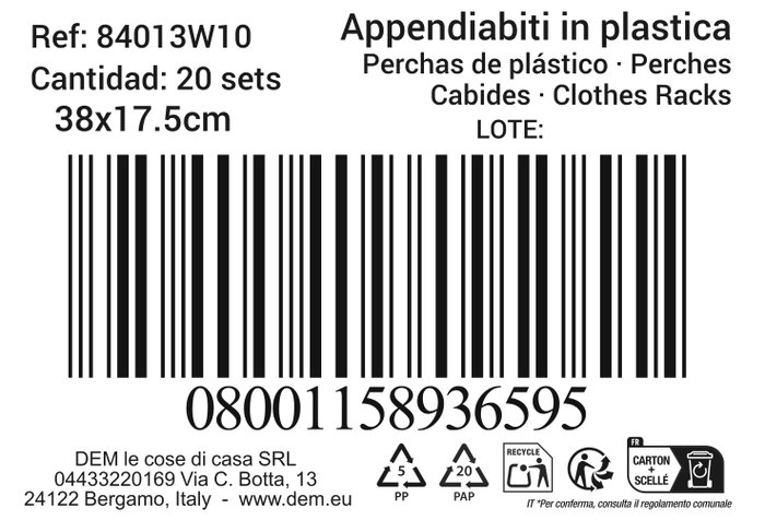 Inde Set 10 Perchas de Plástico 38 x 17.5 cm - Color Dem (20 Cajas)