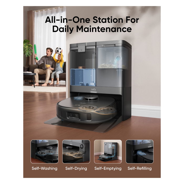 EUFY X10 Pro Omni Robot Aspirador y Fregasuelos Automático, Negro, Estación Base con Autovaciado 2.5L y Autolavado 3L, 8000Pa Succión, Aspiradora Inteligente para el Hogar