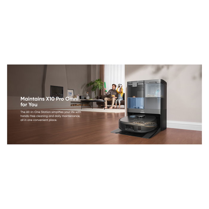 EUFY X10 Pro Omni Robot Aspirador y Fregasuelos Automático, Negro, Estación Base con Autovaciado 2.5L y Autolavado 3L, 8000Pa Succión, Aspiradora Inteligente para el Hogar
