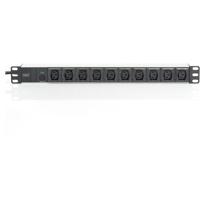 Digitus Regleta de Enchufes 10 Tomas con Protección Sobretensiones, Perfil de Aluminio, 2m Cable IEC C14, 2500W, Negro