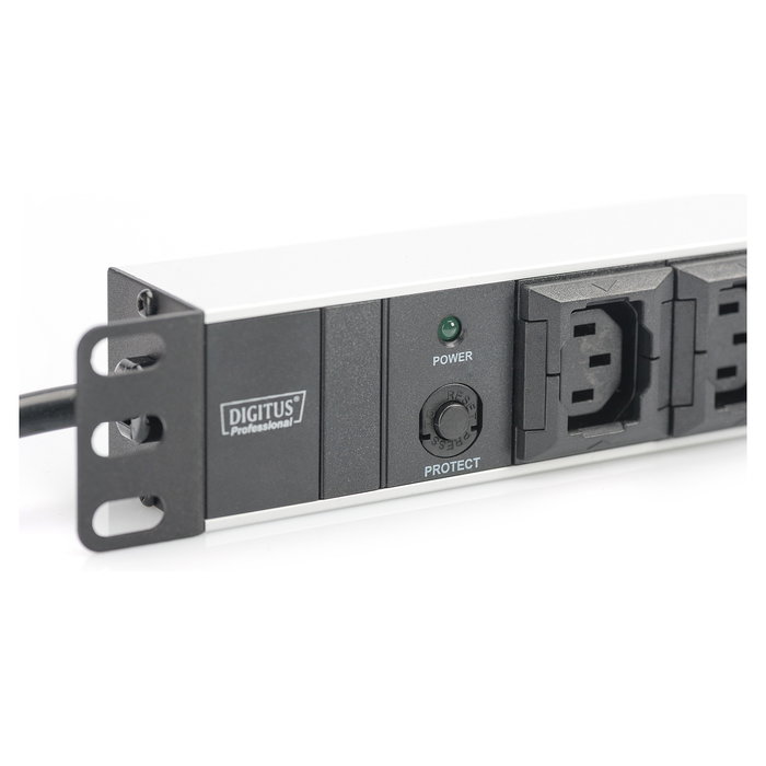 Digitus Regleta de Enchufes 10 Tomas con Protección Sobretensiones, Perfil de Aluminio, 2m Cable IEC C14, 2500W, Negro