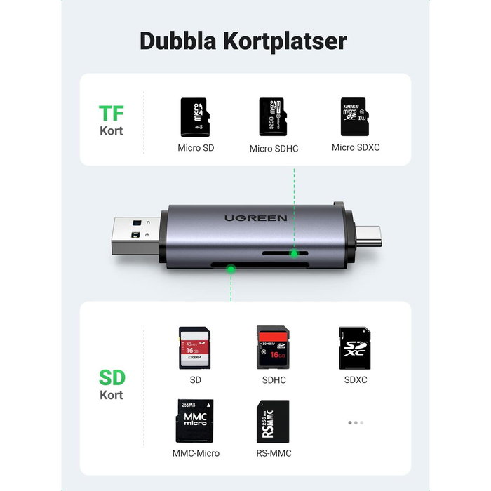 Ugreen 50706 Lector de Tarjetas 2 en 1 USB Tipo C y USB 3.0 Plata