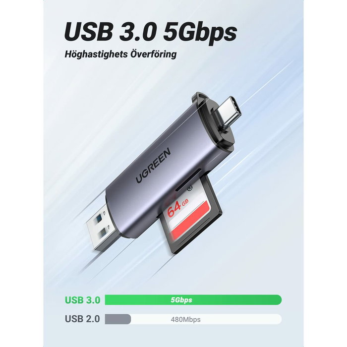 Ugreen 50706 Lector de Tarjetas 2 en 1 USB Tipo C y USB 3.0 Plata