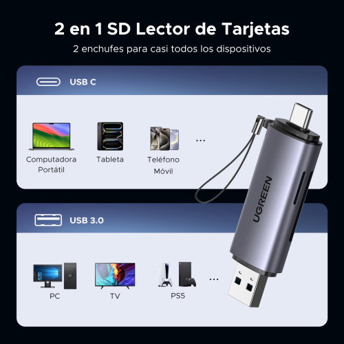UGREEN 50706 Lector de Tarjetas USB/Micro-USB Doble SD/Micro SD, Plata UGREEN 50706 Lector de Tarjetas USB/Micro-USB Doble SD/Micro SD, Plata