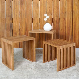 DKD Home Decor Set de 3 Mesitas Auxiliares de Teca Natural