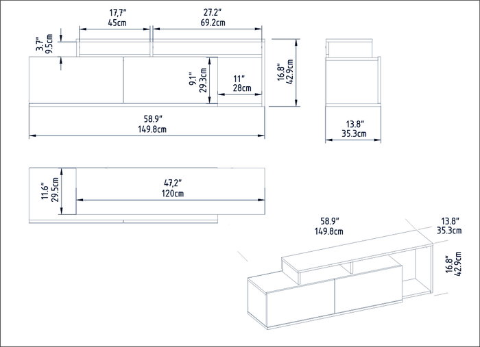 Hanah Home Soporte TV Nexera Nogal y Negro 149.8cm Ancho x 42.9cm Alto x 35.3cm Profundidad con Múltiples Estantes