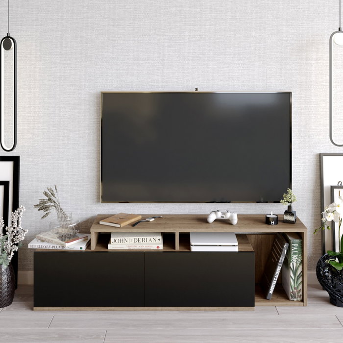 Hanah Home Soporte TV Nexera Nogal y Negro 149.8cm Ancho x 42.9cm Alto x 35.3cm Profundidad con Múltiples Estantes