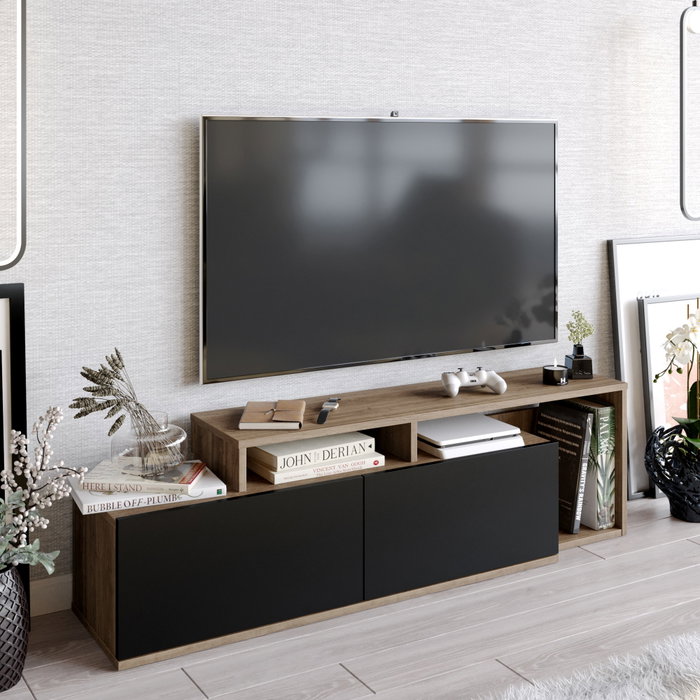Hanah Home Soporte TV Nexera Nogal y Negro 149.8cm Ancho x 42.9cm Alto x 35.3cm Profundidad con Múltiples Estantes