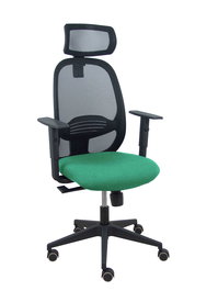 Silla de oficina Cilanco con mecanismo Sincro tapizada con Tela color Verde esmeralda y malla color Negro. Equipada con lumbar 1D, Brazos 1D, Cabecero 2D y Ruedas de parqué