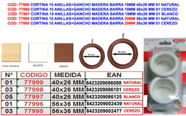 Cortina 10 Anillas + Gancho Madera Barra 29mm Cerezo