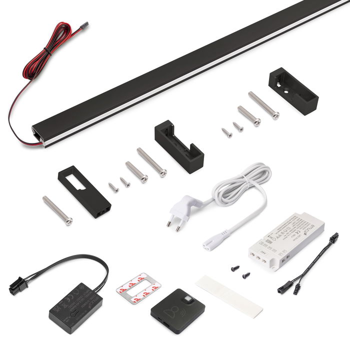 Emuca Kit de barra para armario Luxe, tira LED 4,5x8 Neonlynx V, sensor de movimiento RF Smart y convertidor Smart (24V DC), longitud 1.150mm, Luz blanca cálida 2.700K, Plástico y Aluminio, Pintado negro texturizado Emuca Kit de barra para armario Luxe, tira LED 4,5x8 Neonlynx V, sensor de movimiento RF Smart y convertidor Smart (24V DC), longitud 1.150mm, Luz blanca cálida 2.700K, Plástico y Aluminio, Pintado negro texturizado
