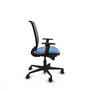 Silla de oficina Alares con mecanismo Sincro tapizada con Tela color Azul cielo y malla color Negro. Equipada con lumbar 1D, Brazos 1D y Ruedas 65mm nailon