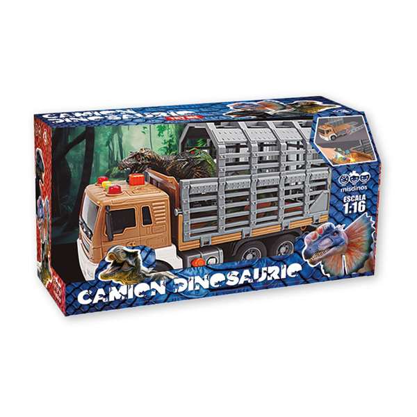 Camión porta dinosaurios, incluye 2 dinosaurios, con luces y sonidos, escala 1:16