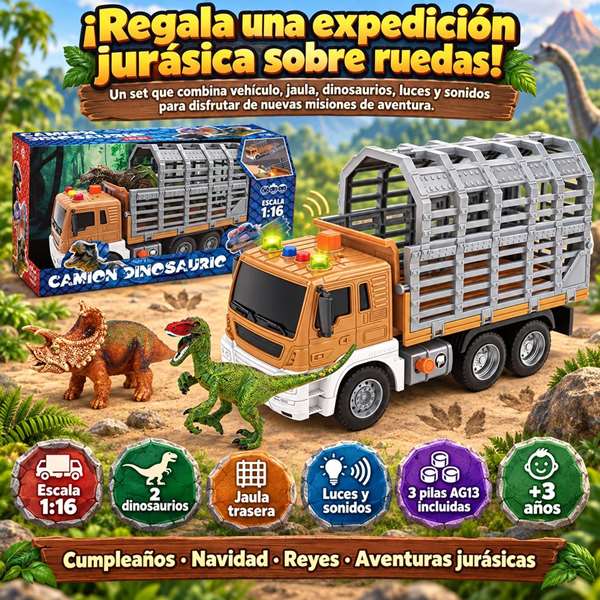 Jugatoys - misdinos Camión porta dinosaurios escala 1:16 con 2 dinosaurios
