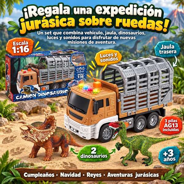 Jugatoys - misdinos Camión porta dinosaurios escala 1:16 con 2 dinosaurios