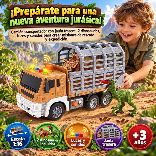 Jugatoys - misdinos Camión porta dinosaurios escala 1:16 con 2 dinosaurios