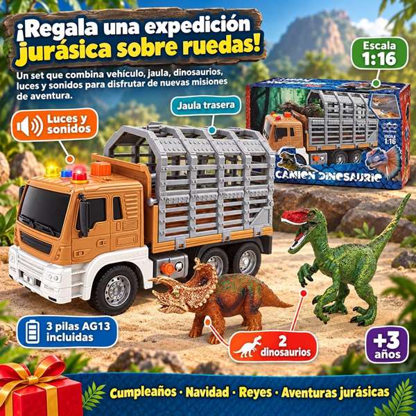 Jugatoys - misdinos Camión porta dinosaurios escala 1:16 con 2 dinosaurios