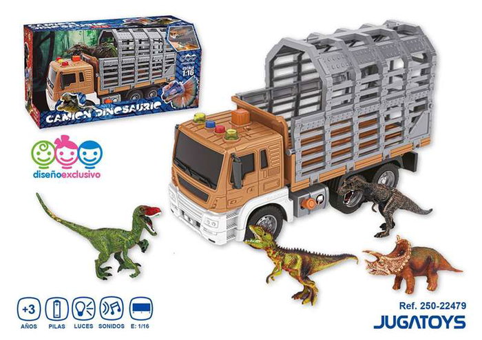 Camión porta dinosaurios, incluye 2 dinosaurios, con luces y sonidos, escala 1:16