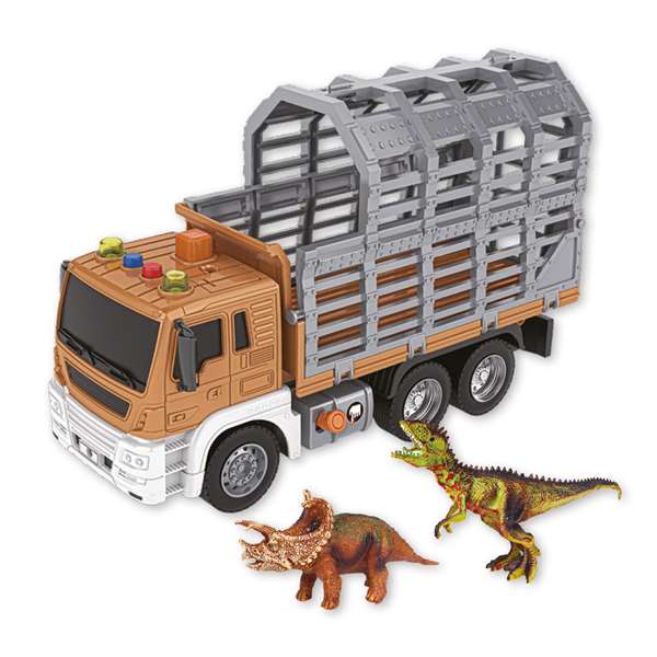 Camión porta dinosaurios, incluye 2 dinosaurios, con luces y sonidos, escala 1:16