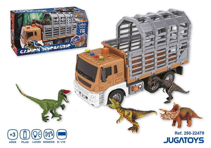 Camión porta dinosaurios, incluye 2 dinosaurios, con luces y sonidos, escala 1:16